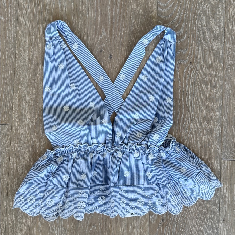 Forever 21 Blue and White Embroidered Striped Halter Scalloped Top. NWT.